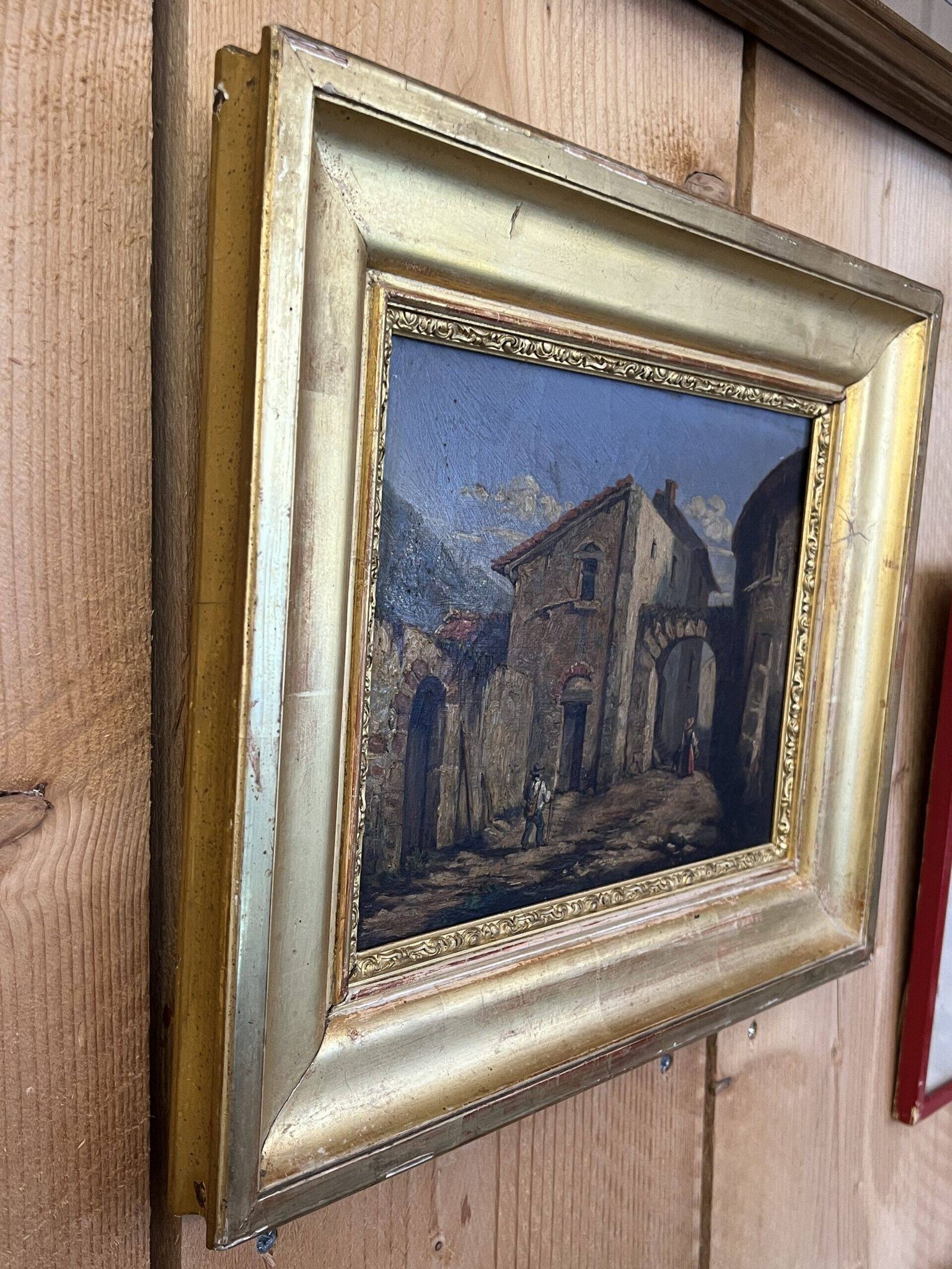 19th century painting, oil on canvas, interior decor of a lively village