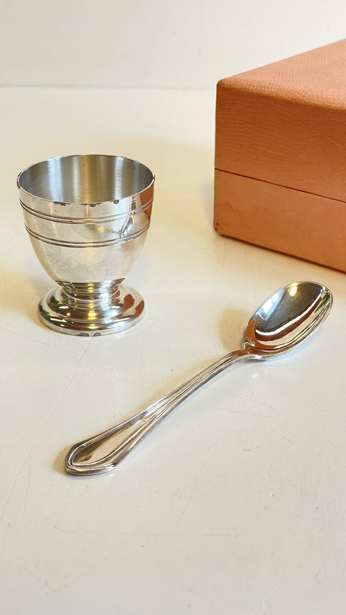 Vintage Silver-Plated Metal Egg Cup and Spoon for Birth