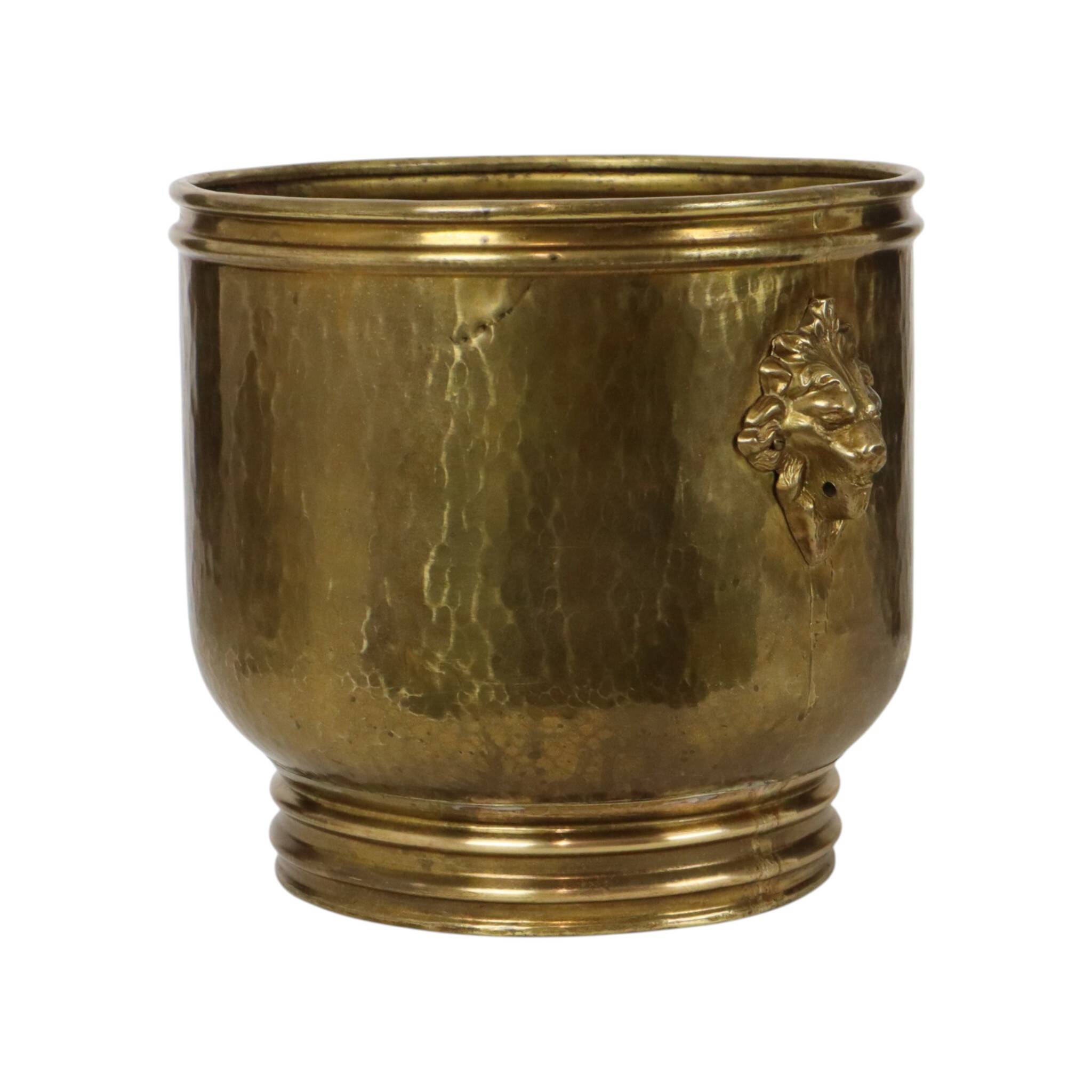Large Hammered Brass Jardinière/Planter with Lion Heads