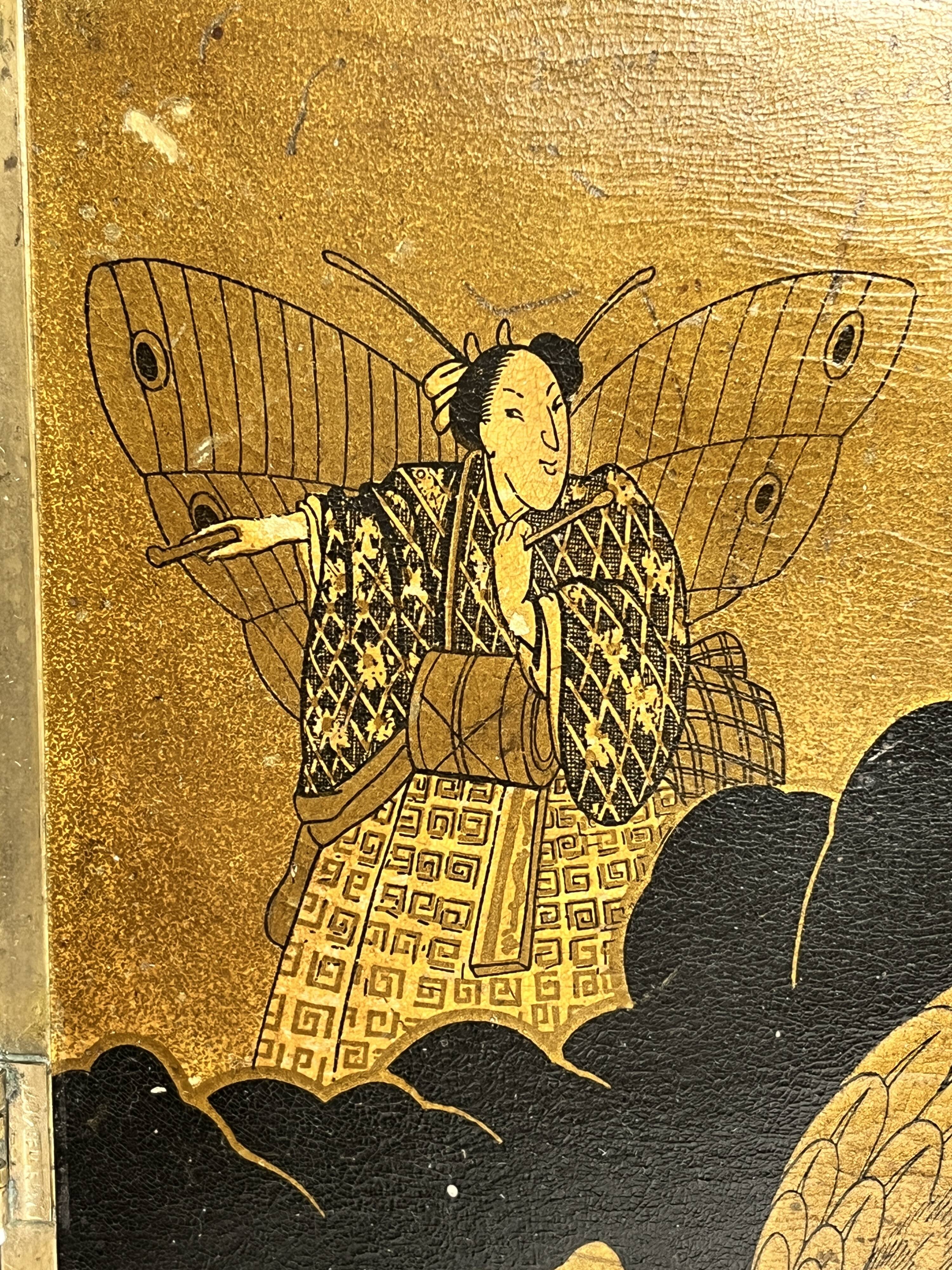 Japan, triptych mirror with brass wood and animated decor, early 20th century