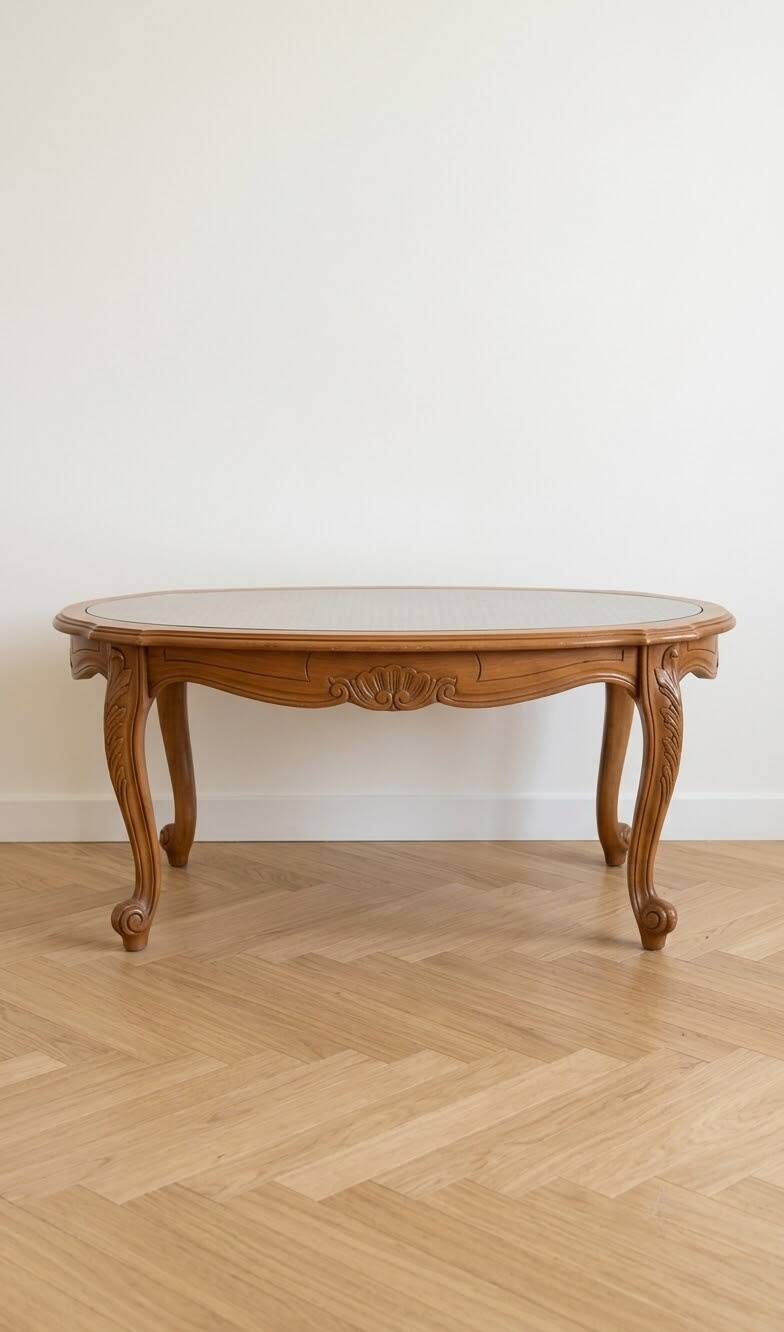 Cherry wood coffee table in Louis XV style  
Glass top  
Dimensions: 115*63 cm
