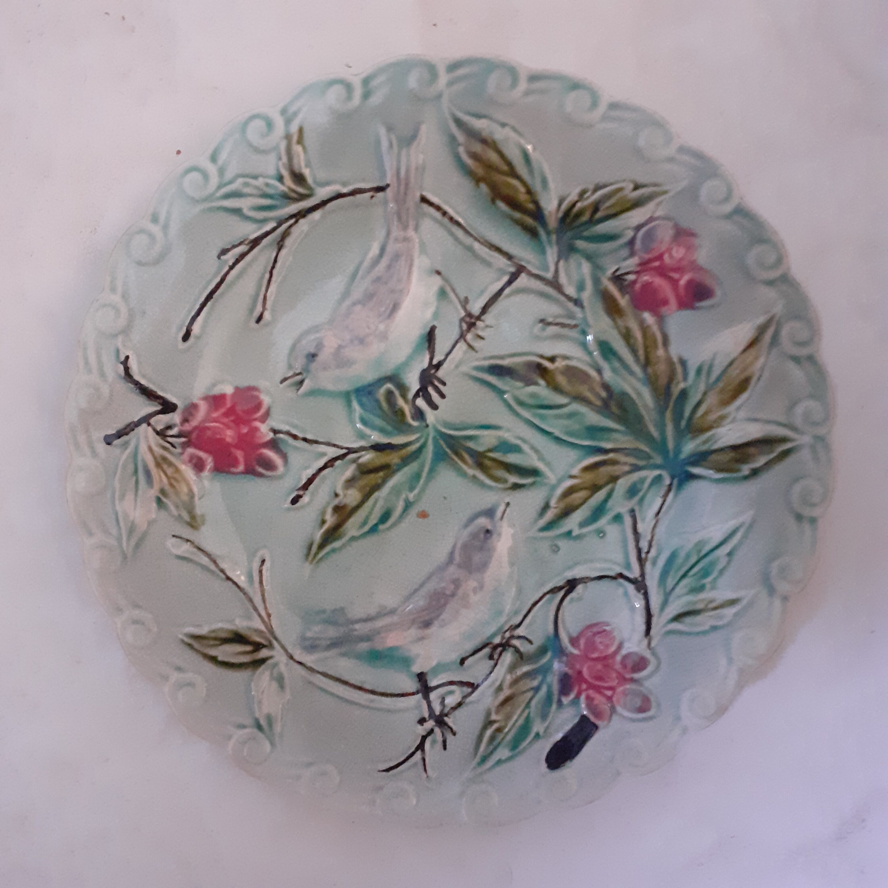 Light turquoise slip plate. Birds.