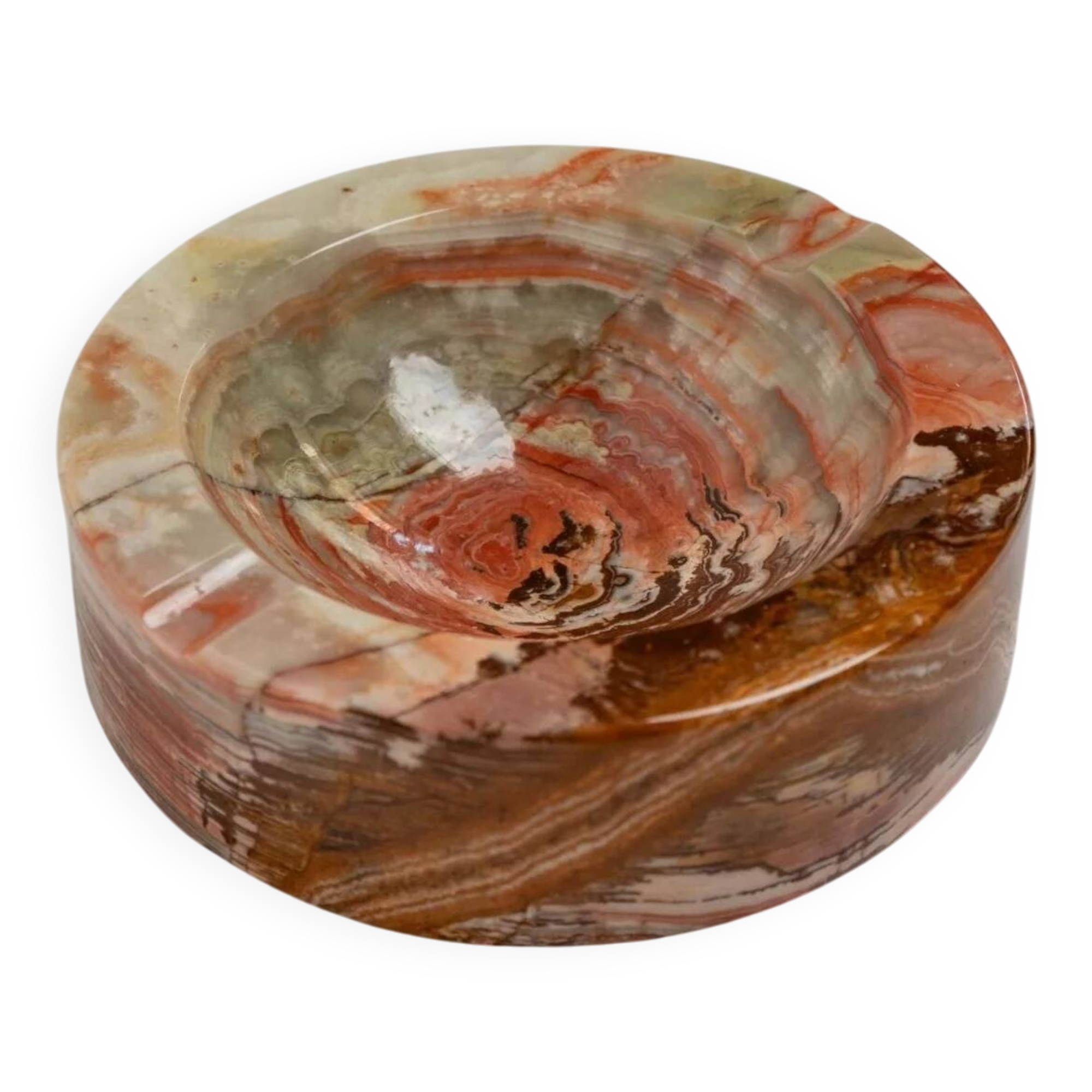 Vintage Onyx Stone Ashtray, solid green-beige-brown marbled, Italian design, 1970s retro decor