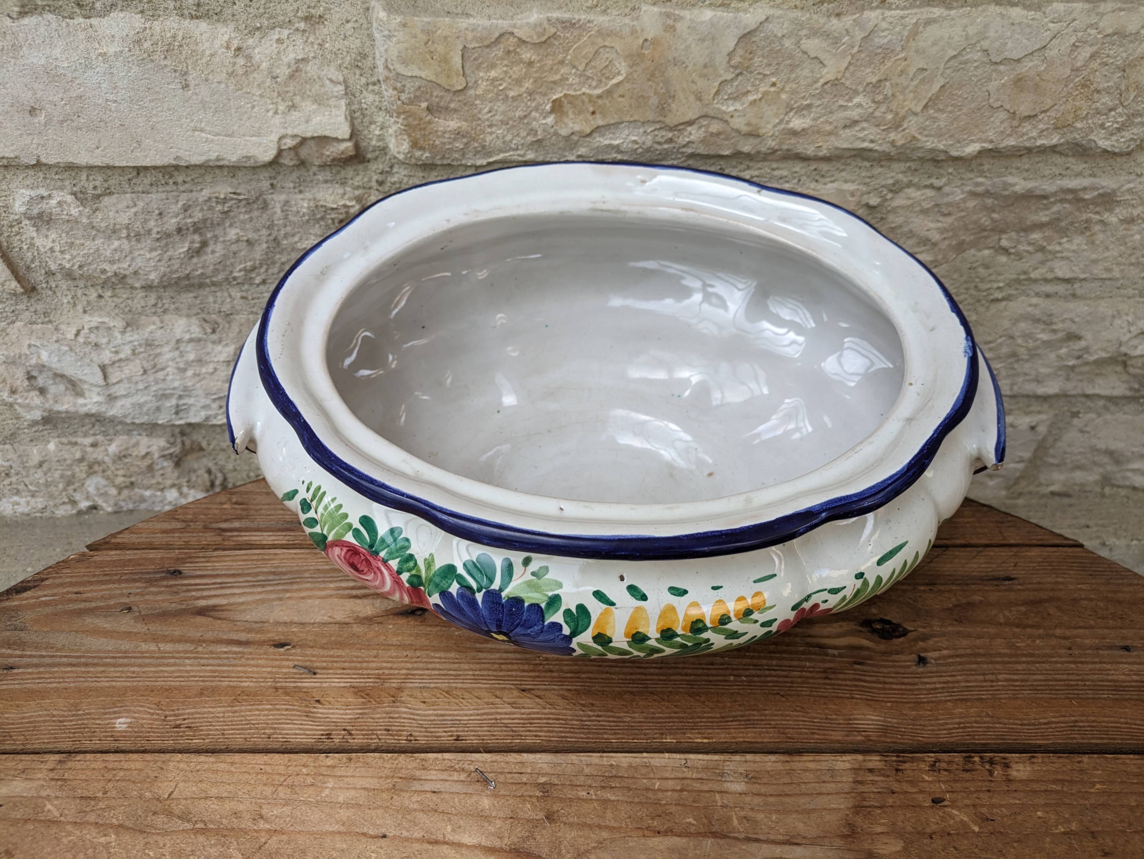 Old serving dish, vegetable dish, soup tureen without lid, flower decoration