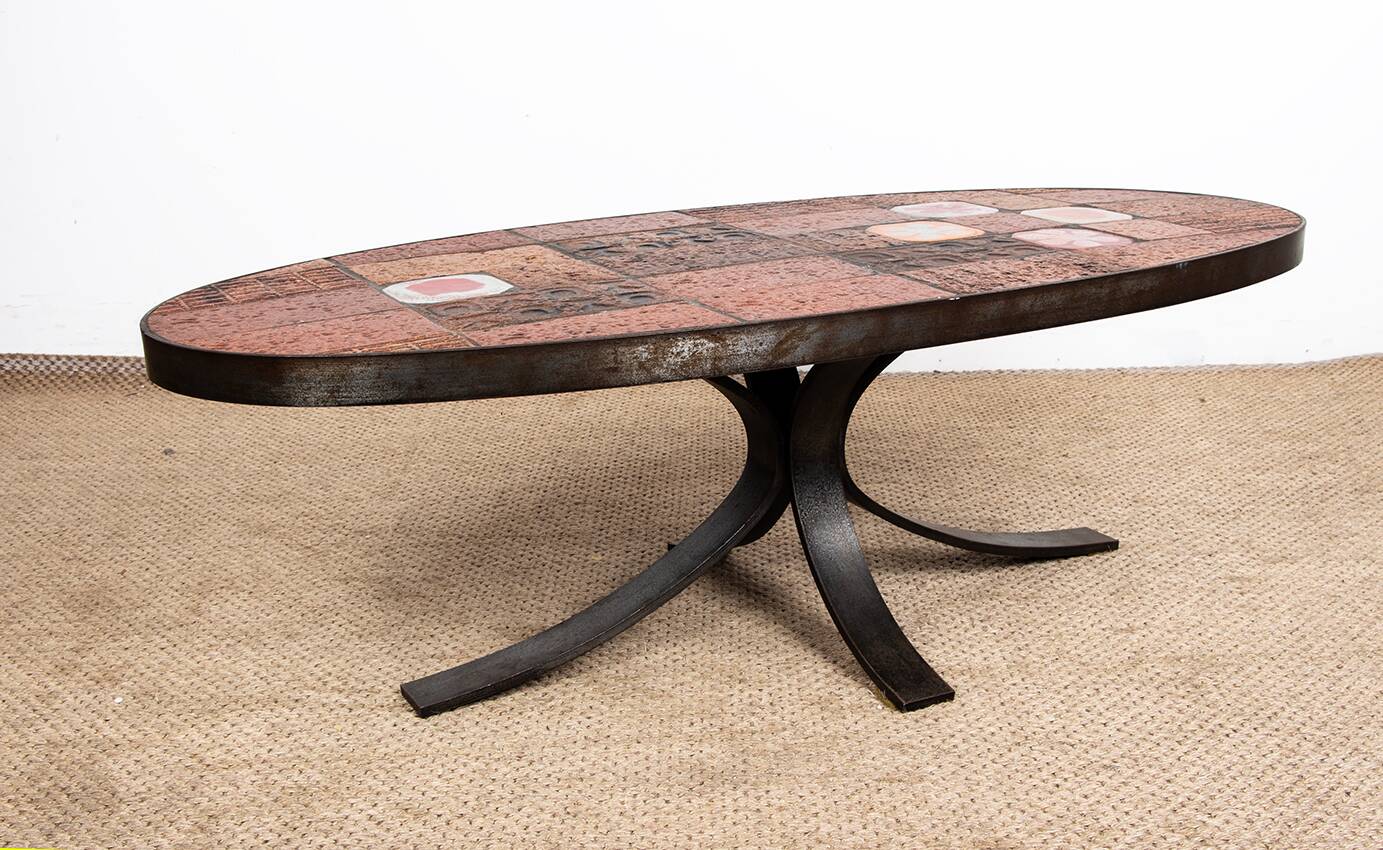 Lava stone, ceramic and steel coffee table by Jean Jaffeux 1960.