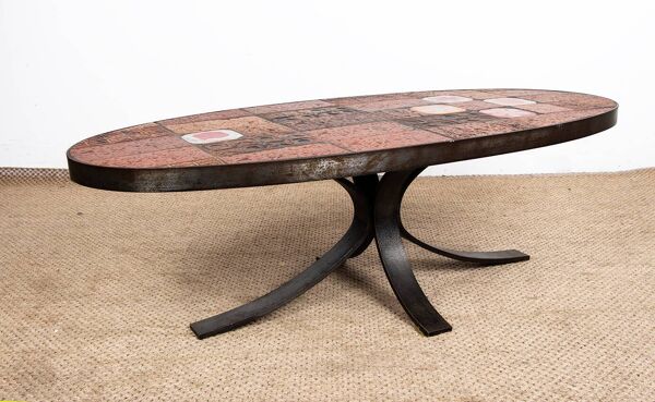 Table basse en pierre de Lave, Céramique et Acier par Jean Jaffeux 1960.