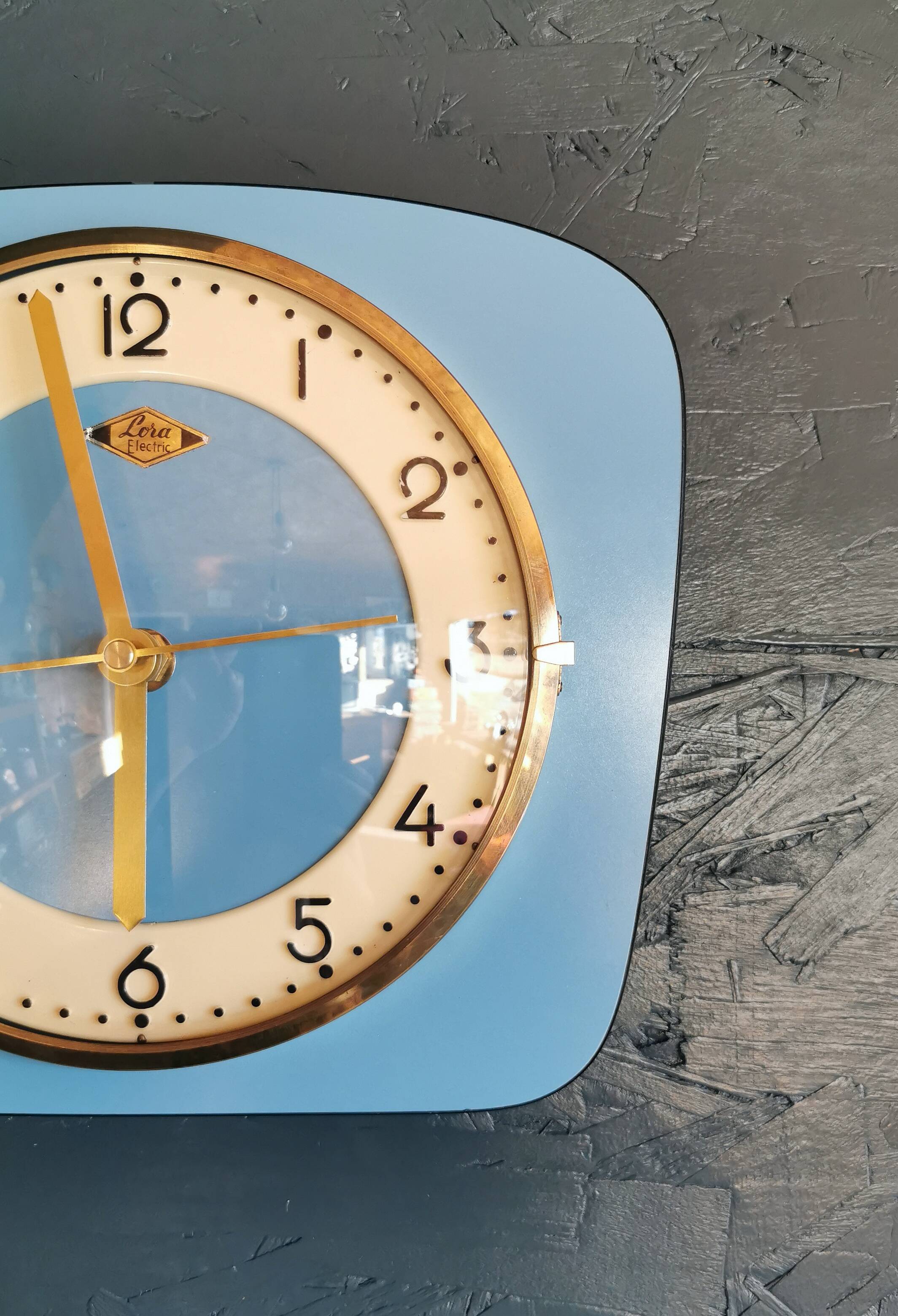 Vintage formica clock rectangular silent wall pendulum "Lora blue"