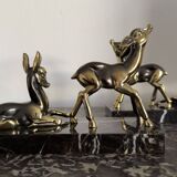 Art Deco bookends "Doe & Fawn" in black marble and gold metal
