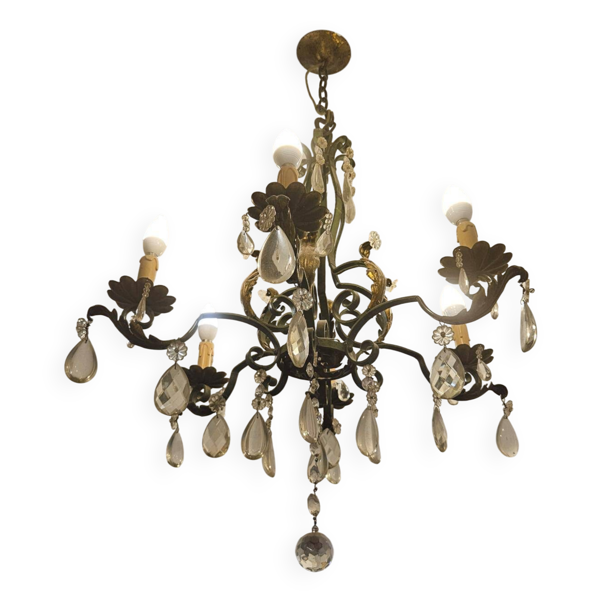 Antique wrought iron chandelier with 6 lights and pendants.