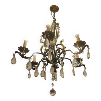 Lustre ancien en fer forgé à pampilles 6 feux