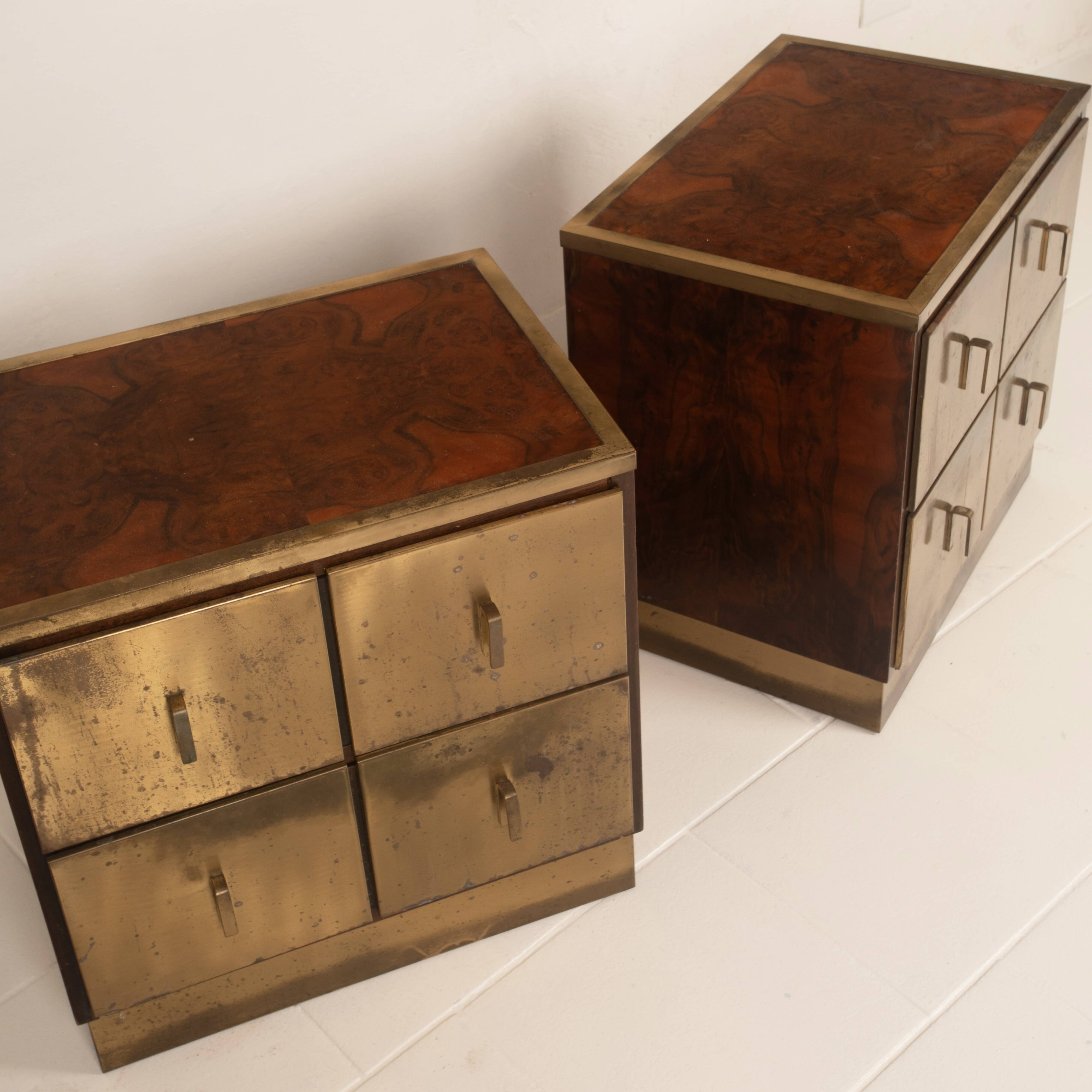 Aldo Frigerio Italian Walnut Burl and Gold-Laminated Brass Bagdad Nightstands