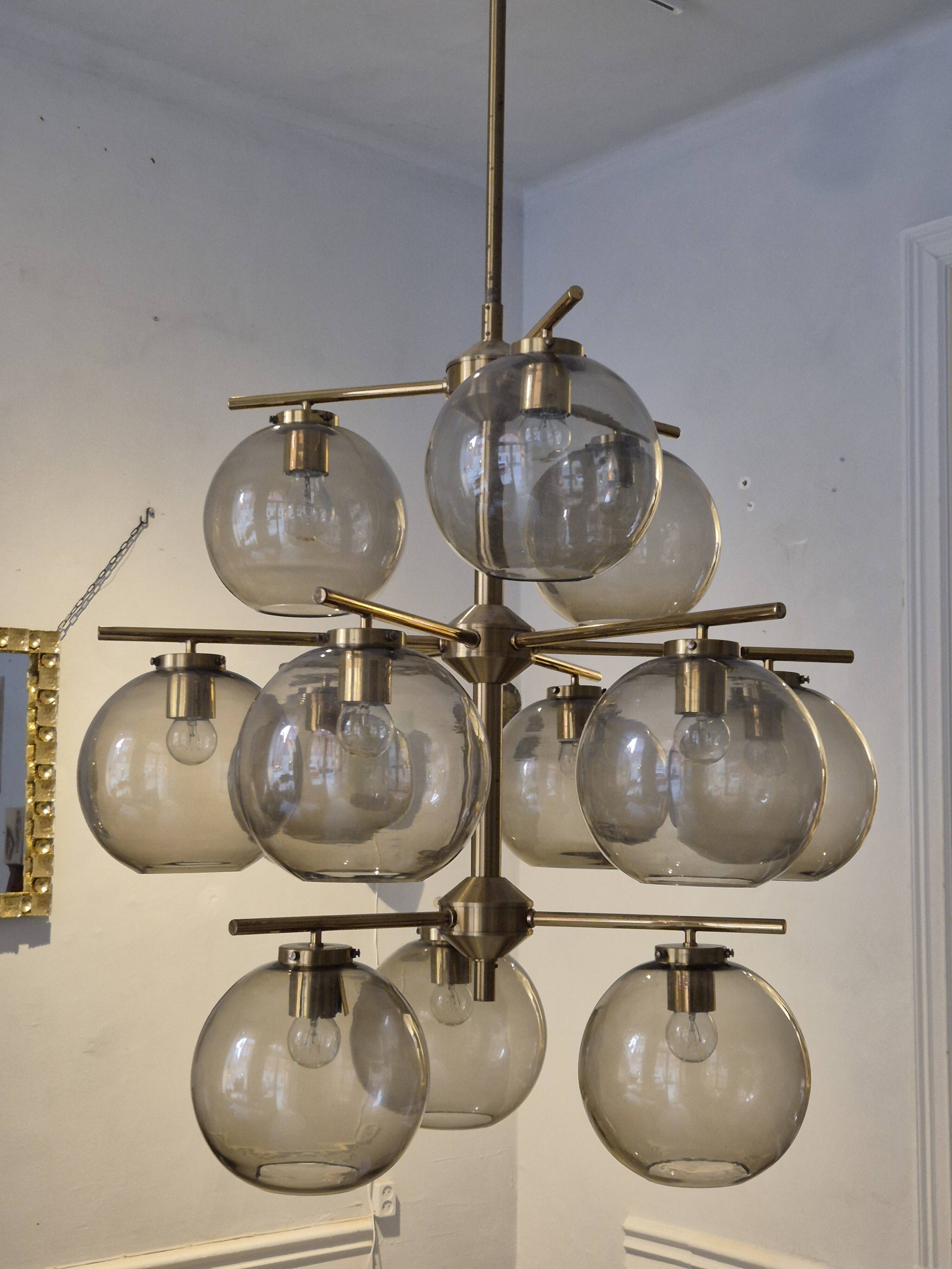 Holger Johansson, brass and grey glass chandelier, The Modern Scandinavian