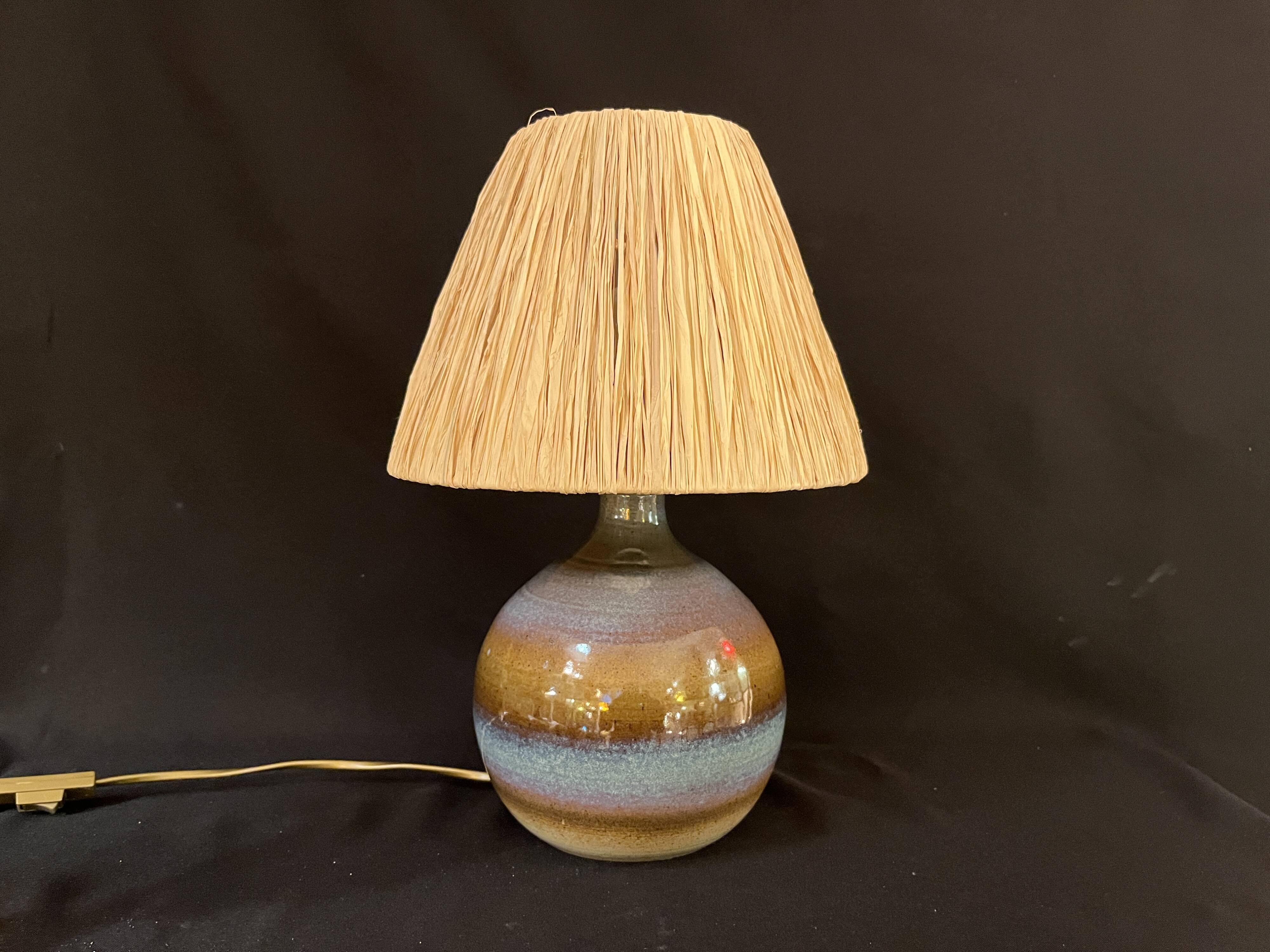 Vintage stoneware ceramic lamp signed JM, 1970s/80s, bohemian raffia rope lampshade