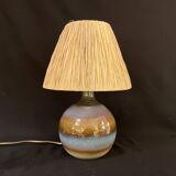 Vintage ceramic stoneware lamp signed JM 70s 80s bohemian raffia rope lampshade