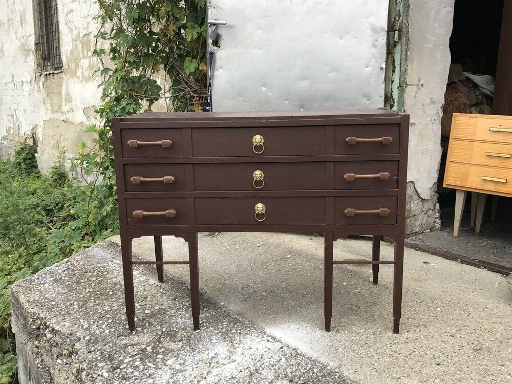 Vintage pine chest of drawers painted dark brown, 3 drawers from the 1950s mid-century style.