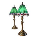 Pair of antique art nouveau brass lamps, 46x20 stained glass glass shades