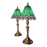 Pair of antique art nouveau brass lamps, 46x20 stained glass glass shades