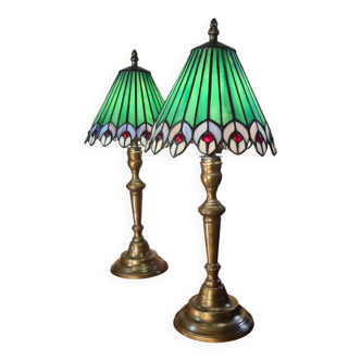 Pair of antique art nouveau brass lamps, 46x20 stained glass glass shades