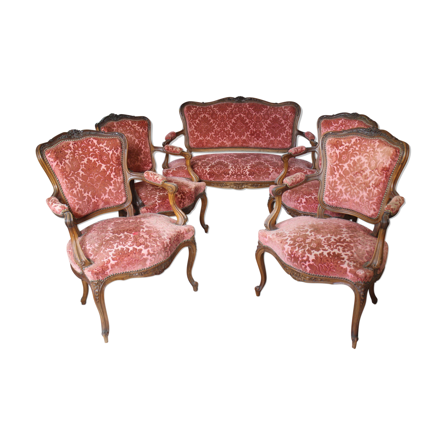 Louis XV style rocaille lounge, 4 armchairs and a bench seat