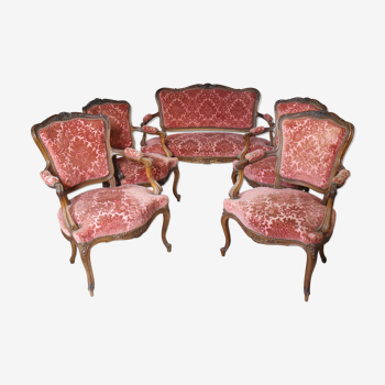 Louis XV style rocaille lounge, 4 armchairs and a bench seat