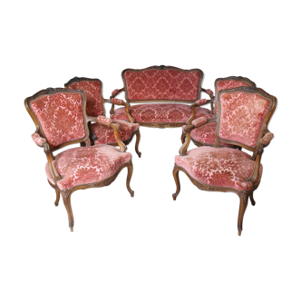 Louis XV style rocaille lounge, 4 armchairs and a bench seat