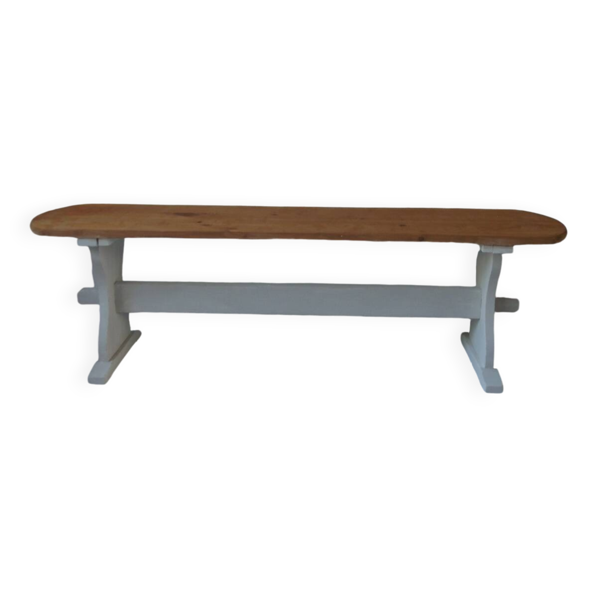 Vintage bench re-enchanted in pearl gray, wooden seat.