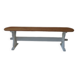 Vintage bench re-enchanted in pearl gray, wooden seat.