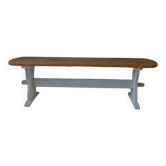 Vintage bench re-enchanted in pearl gray, wooden seat.