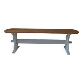 Vintage bench re-enchanted in pearl gray, wooden seat.