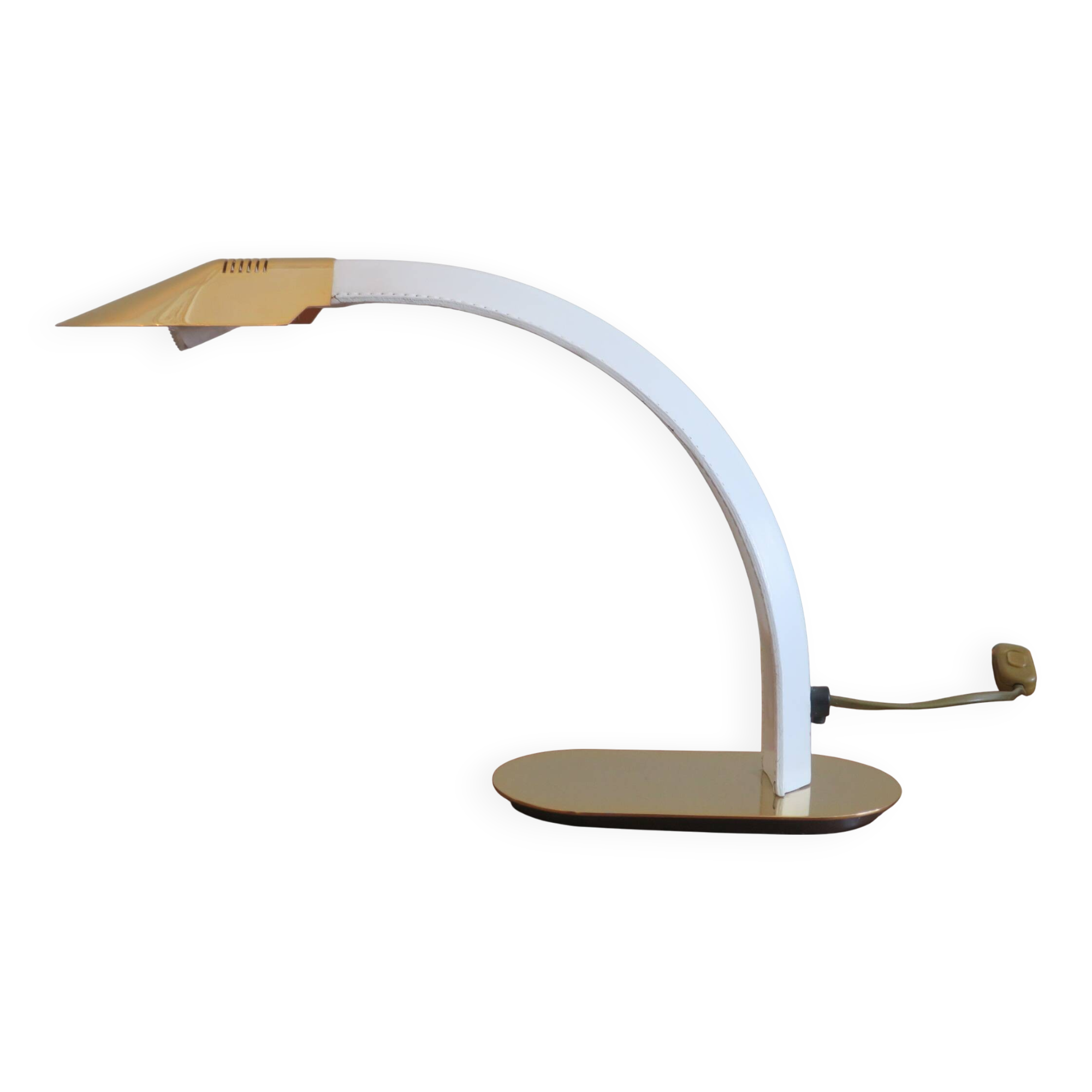 Vintage inscribed leather and gold-plated brass table lamp, Italy 1970s