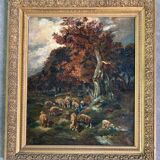 Old painting - The shepherd and his sheep - gilded frame