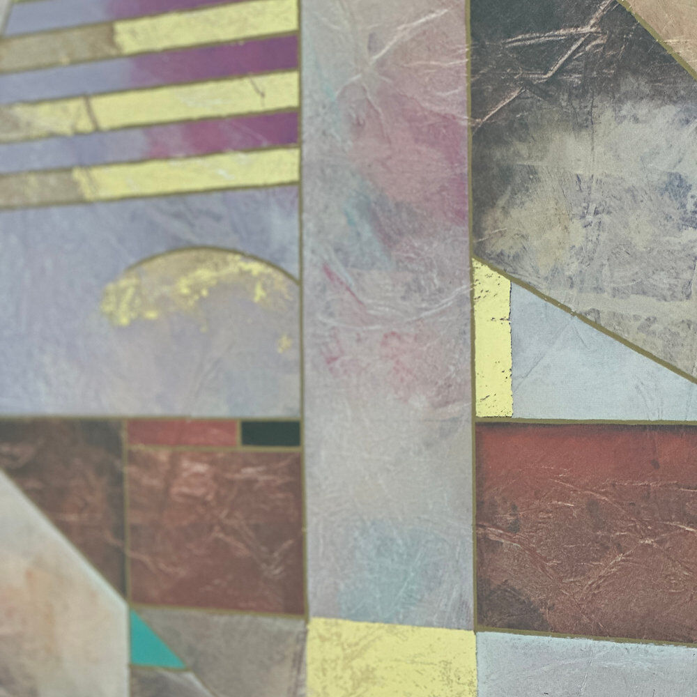 Pair of large Richard Hall geometric abstract mixed media lithographs with gold