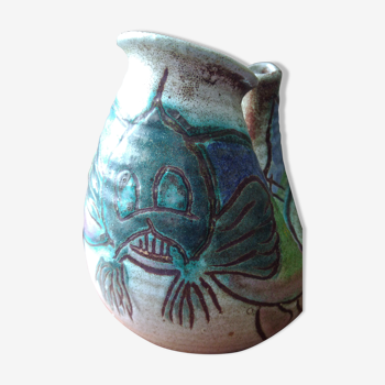 Vase céramique signé Accolay décor de poisson zoomorphe