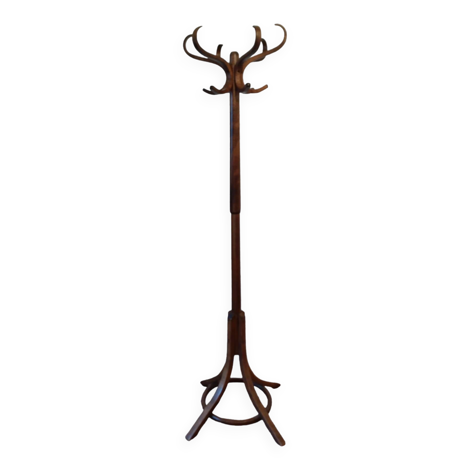 Coat rack on parrot stand, Thonet Baumann style, turned wood, 1950s