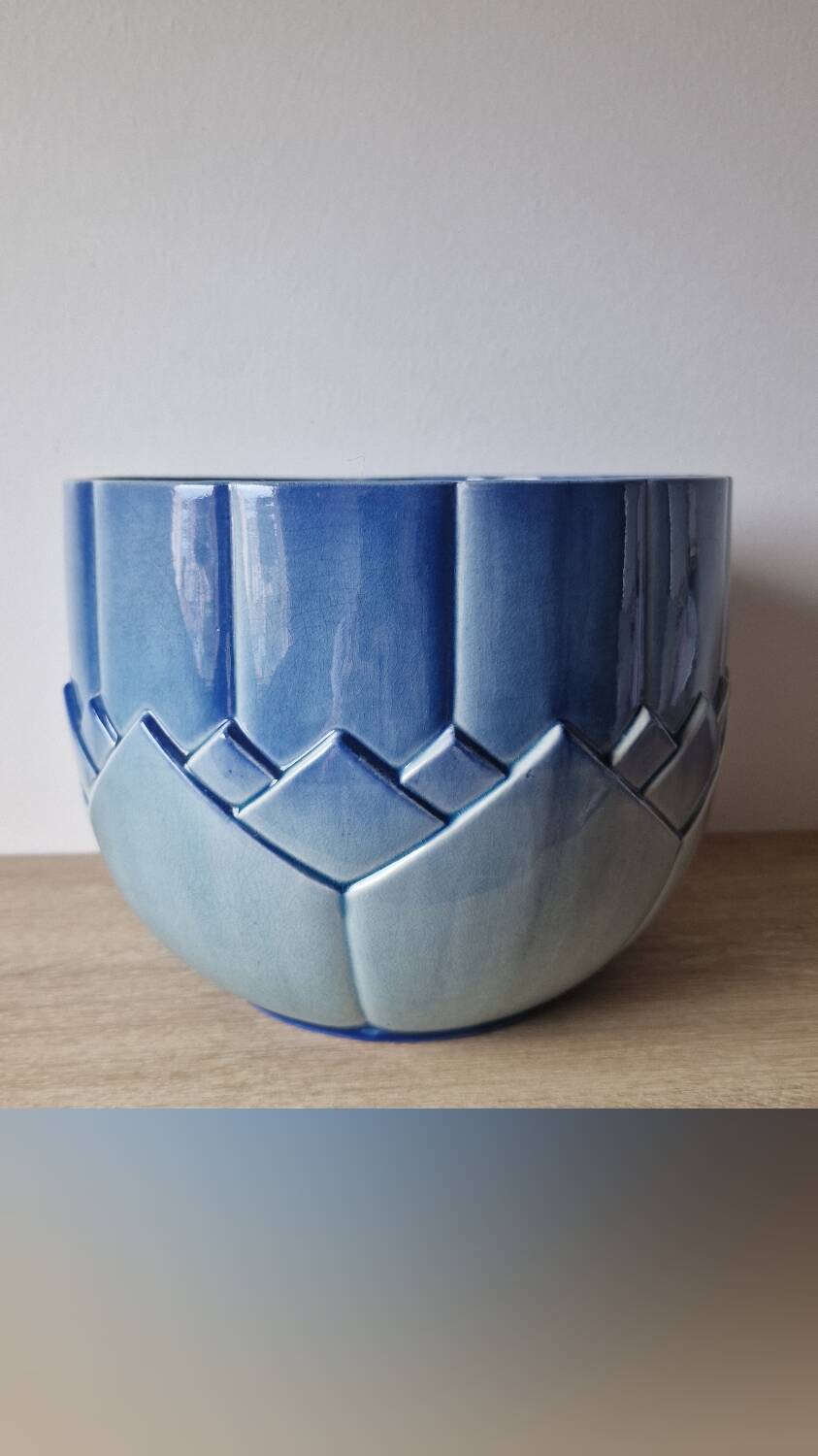 Large blue Art Deco Sarreguemines flowerpot