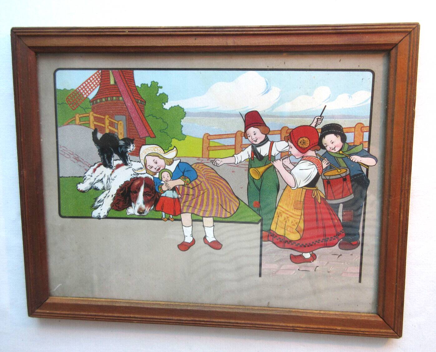 Framed engraving: The Children of Holland, Dog and Cat