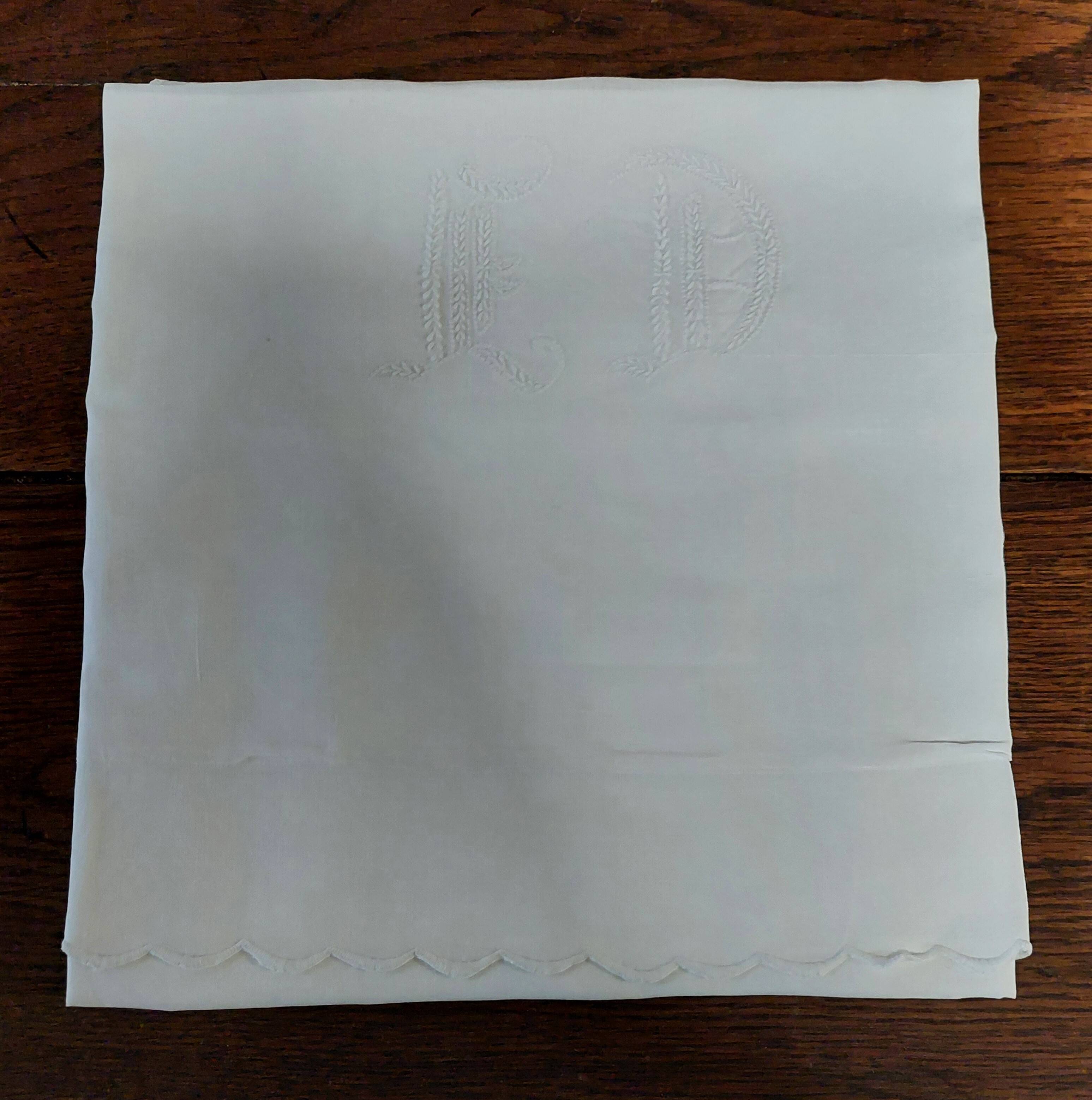 Old white linen pillowcase embroidered monogram ED 65 x 65 cm