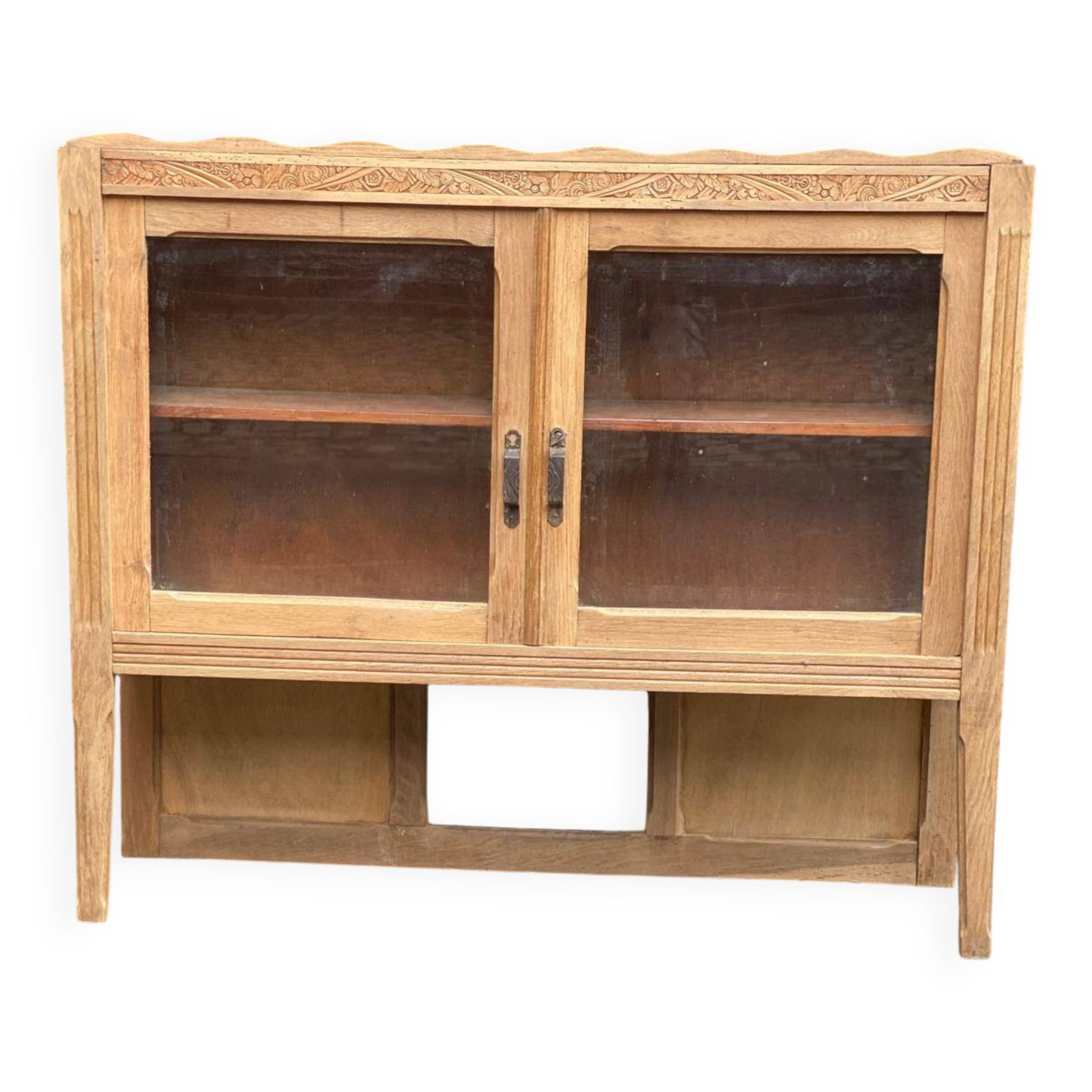 Vitrine vaisselier vintage en bois massif art déco 1950