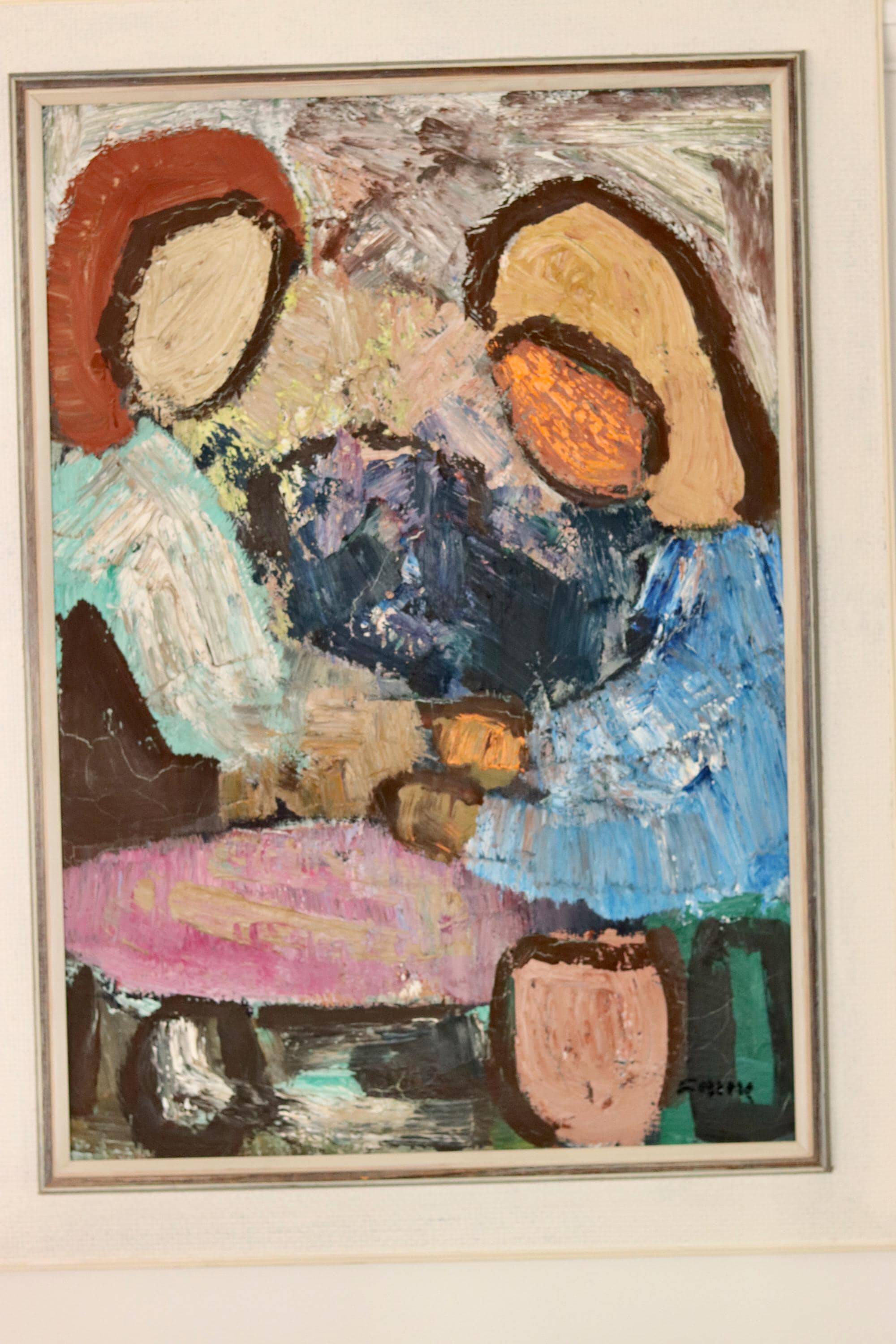 Grande peinture à l'huile moderniste suédoise « Mère et fille » par Gösta Falck vers 1960 - Vintage et encadrée