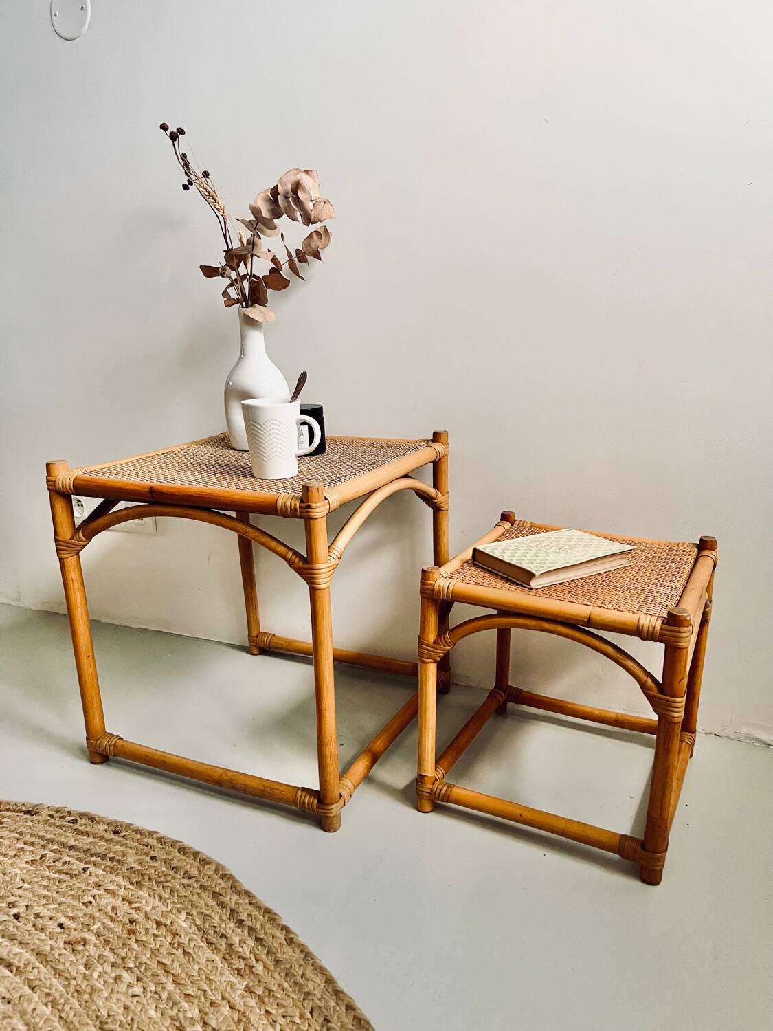 Tables gigognes bambou rotin osier - 1950/60