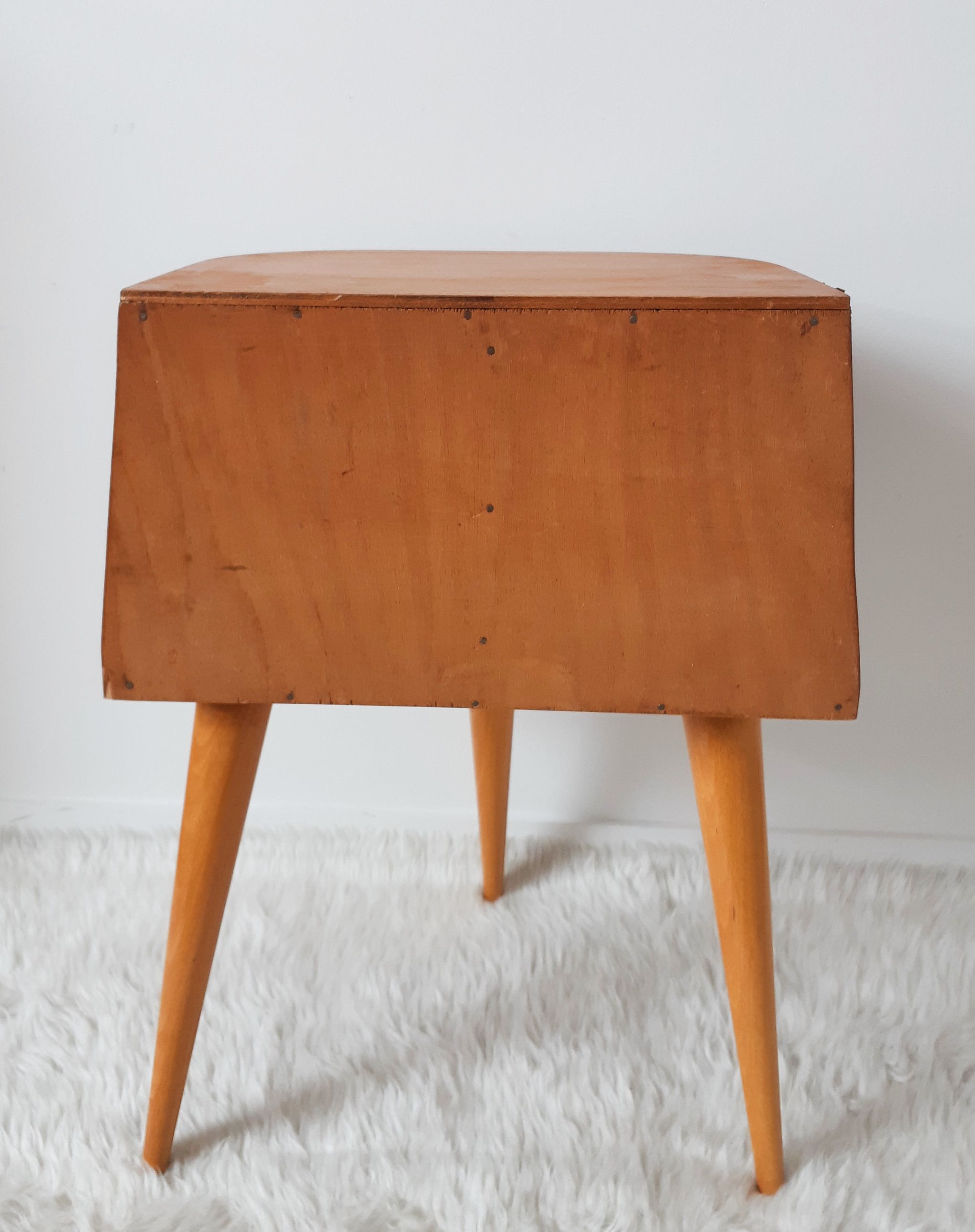 Old bedside table varnished wood, tripod varnished feet, vintage French, 50s (1)