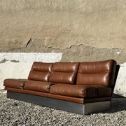 Complete vintage living room set, brushed aluminum and brown leather, France, 1970