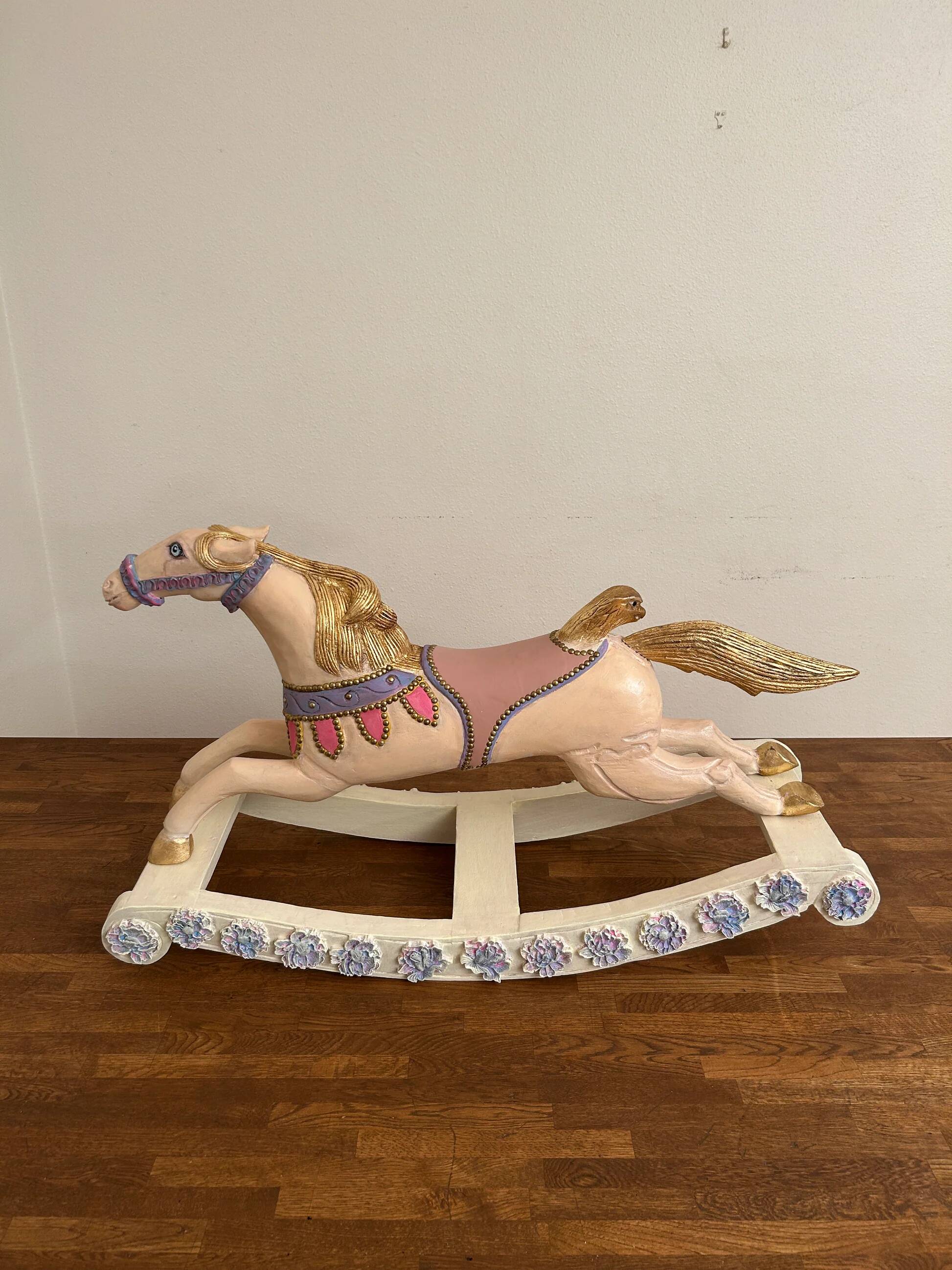 Hand-painted antique rocking horse – pastel nursery decor, heirloom toy