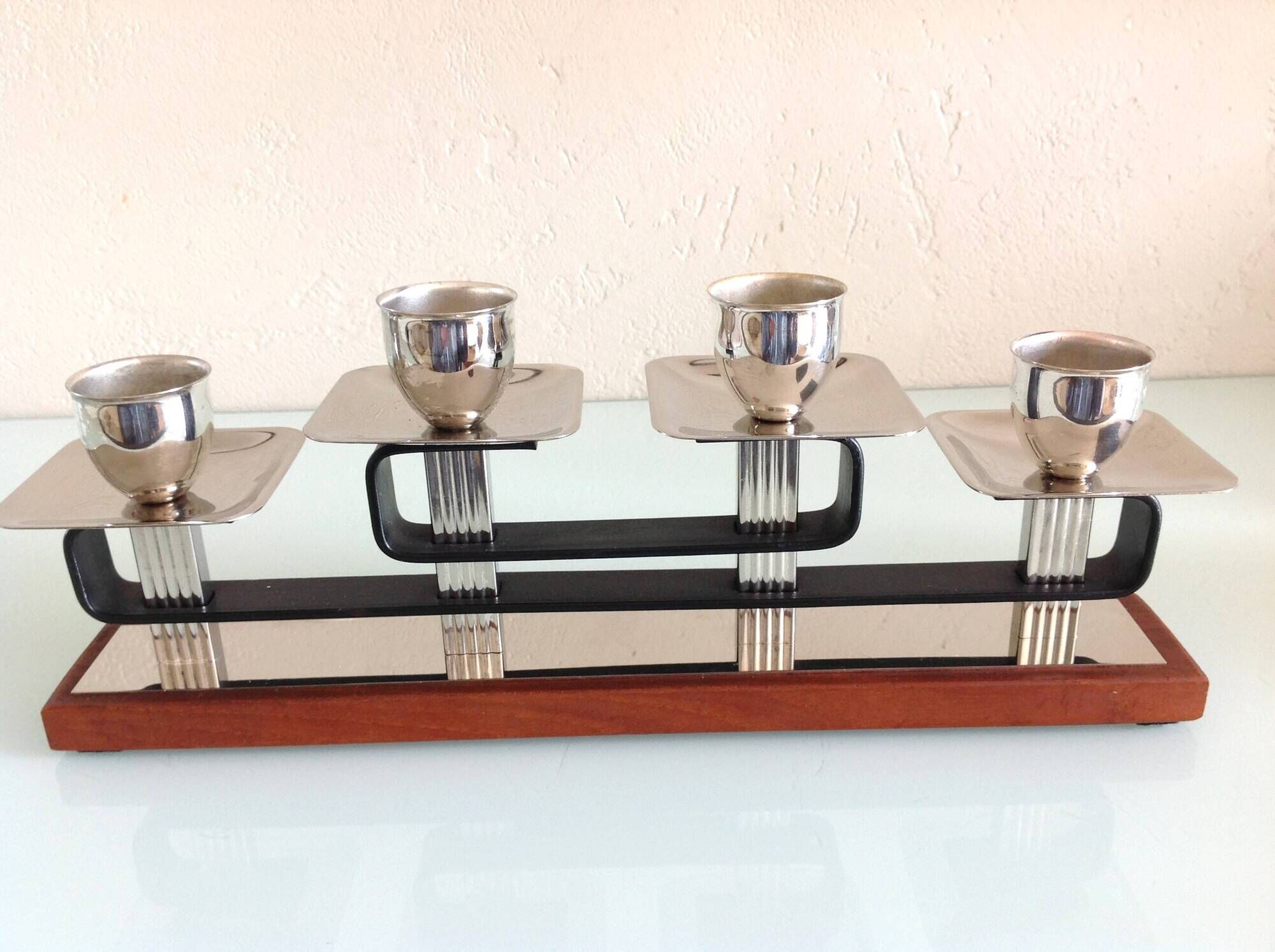 Four-headed candlestick in teak and chrome metal Scandinavian style / vintage 60s-70s