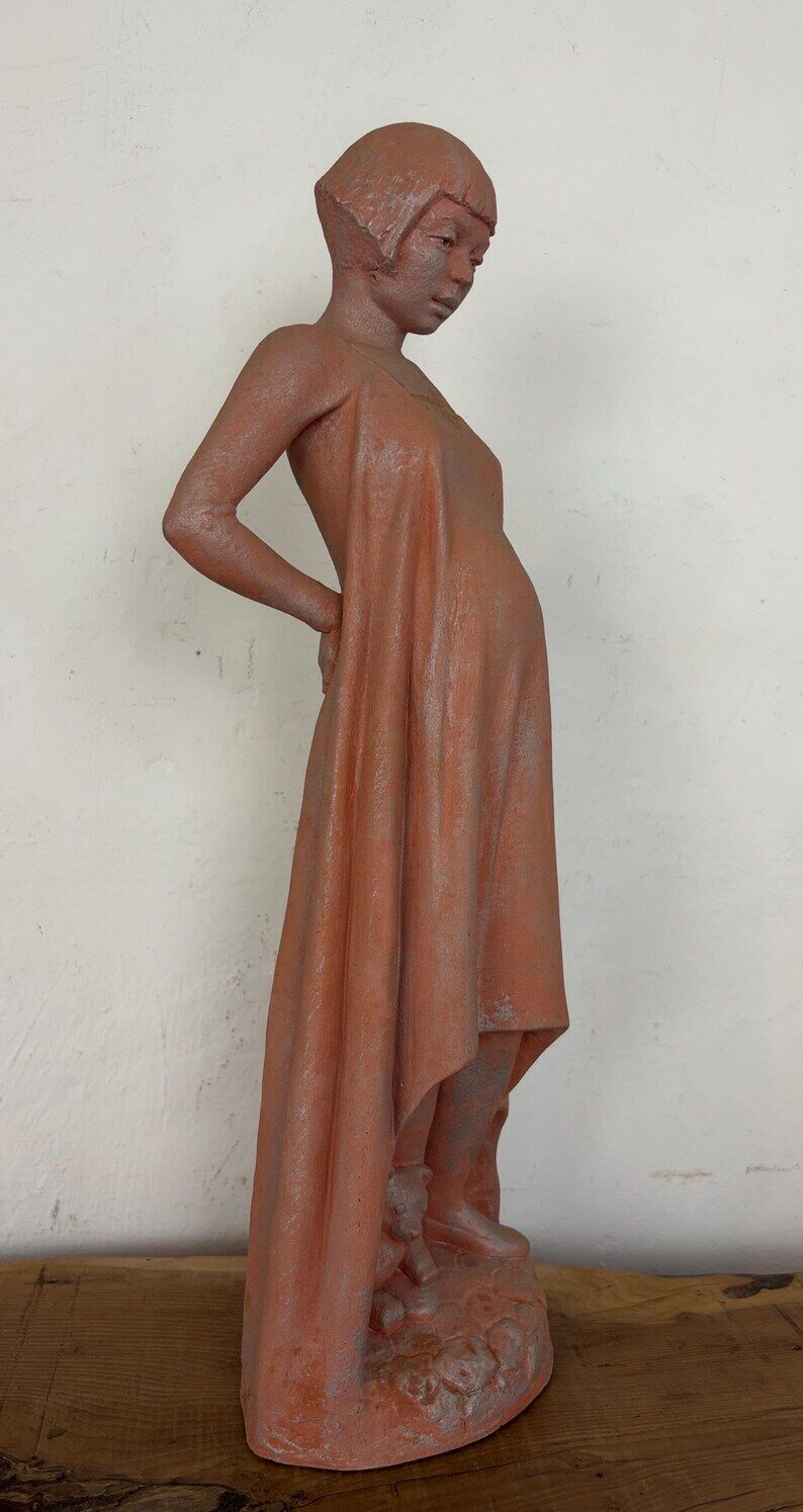 Vintage Terracotta Pregnant Woman Sculpture – Mid-Century Style Maternity Art Figurine