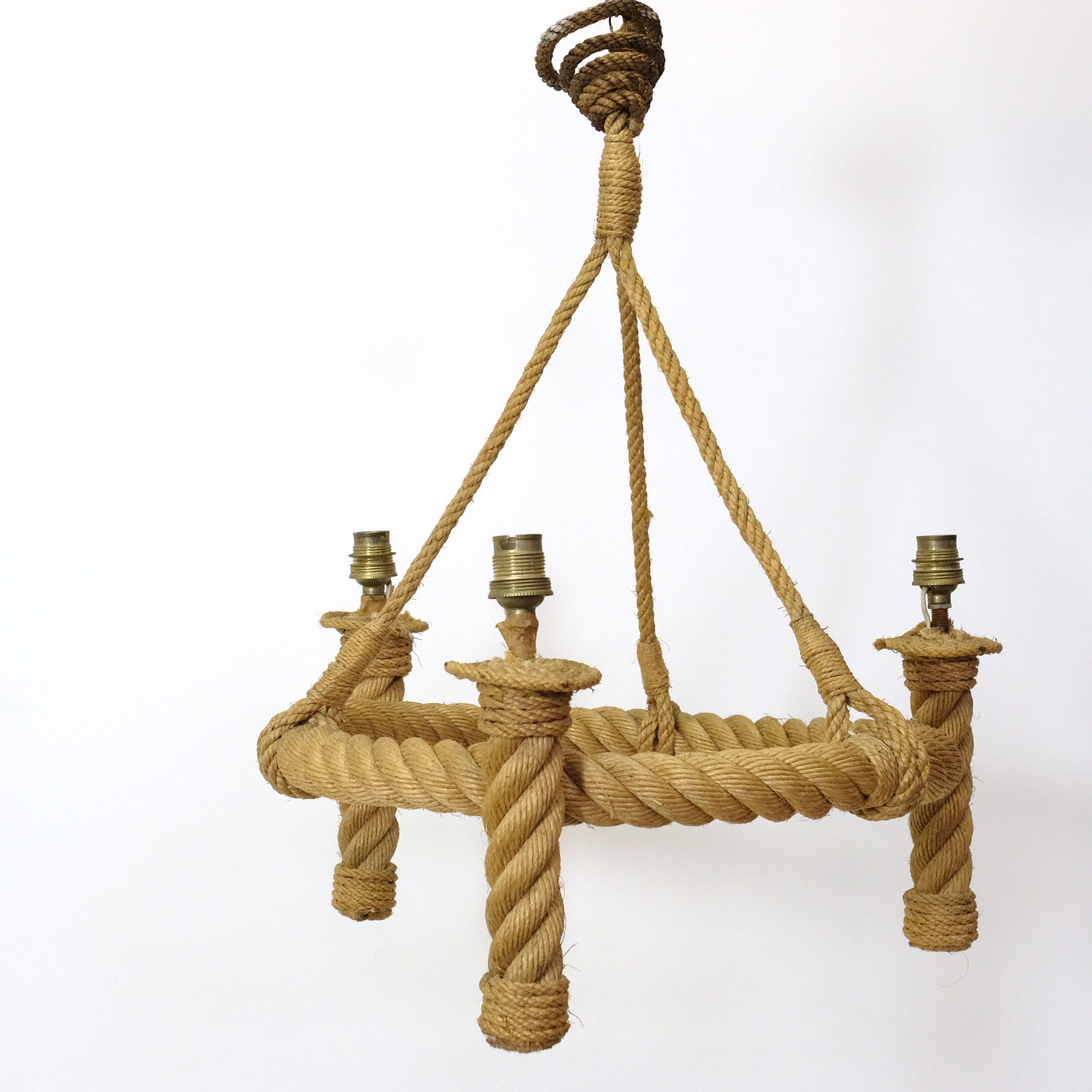Three-light braided rope pendant light, 1950-1960.