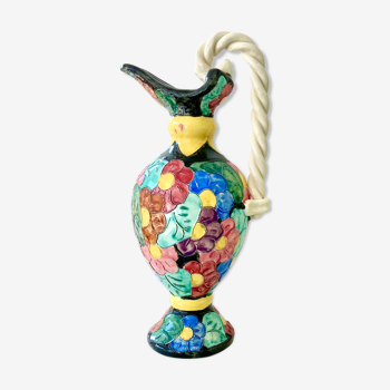 Vase céramique polychrome aiguière à anse torsadée