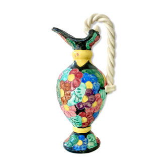 Polychrome ewer ceramic vase with twisted handle