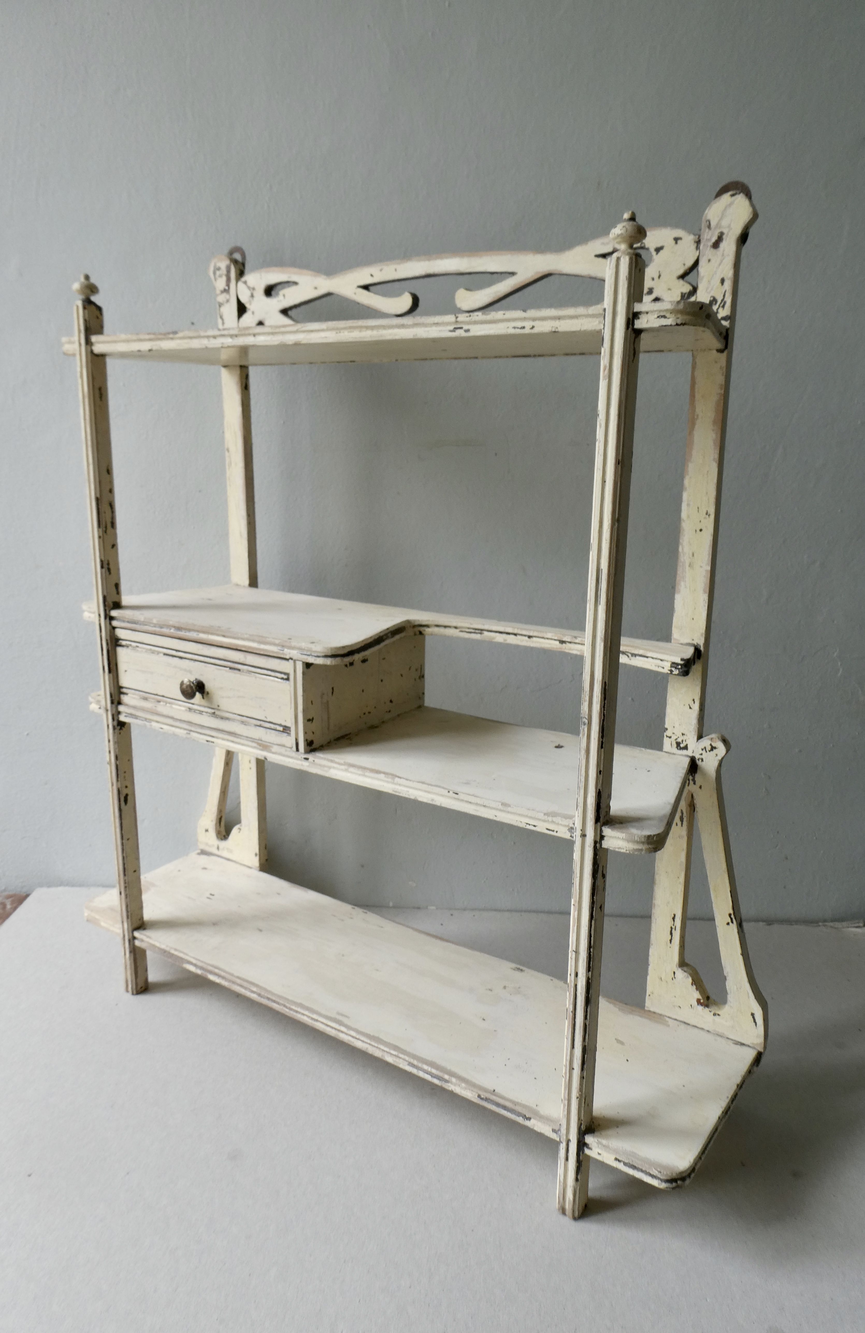 Art Nouveau wall shelf, wooden, cream patina