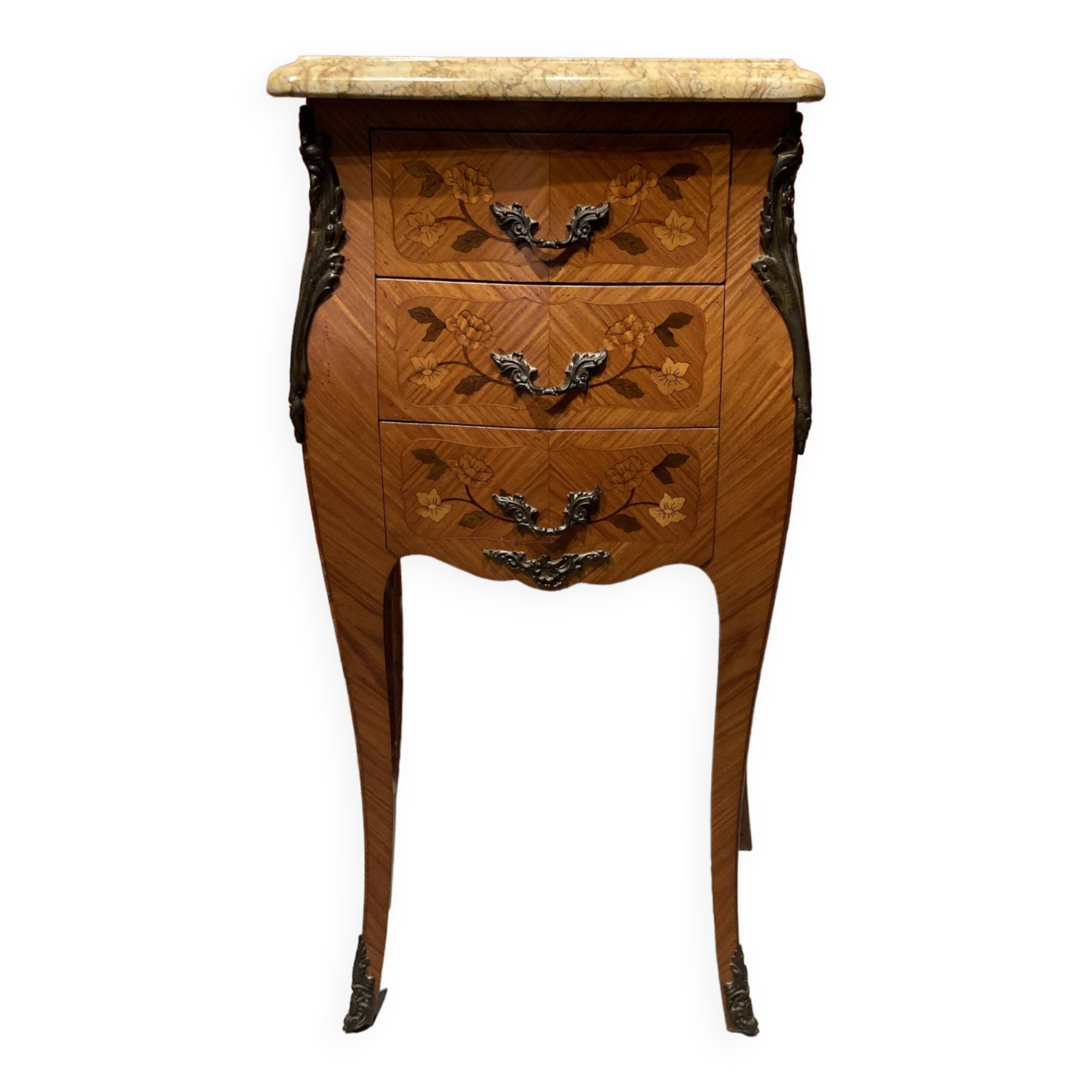 Wooden bedside table topped with a pink marble top